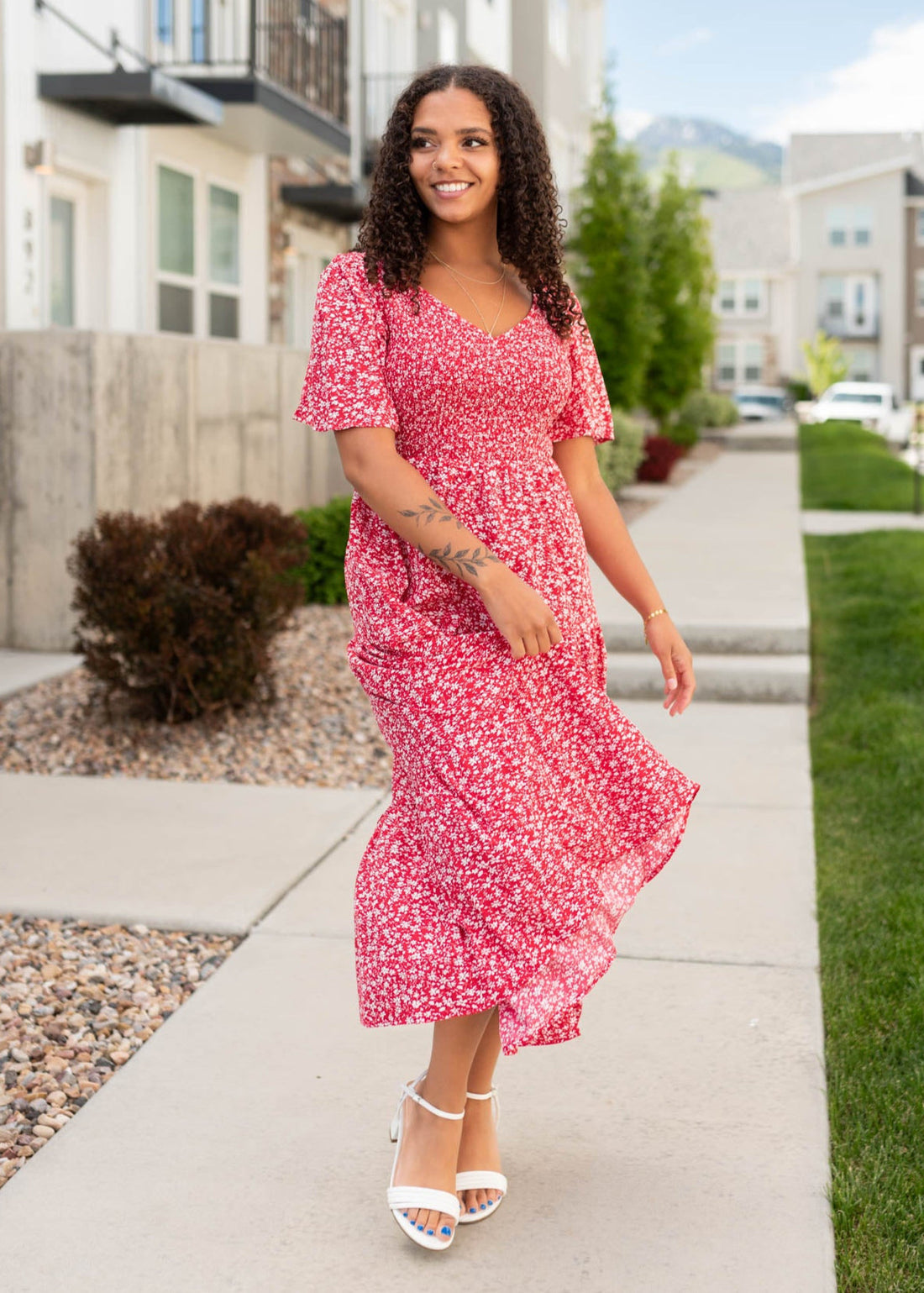 Aylin Red Floral Tiered Dress