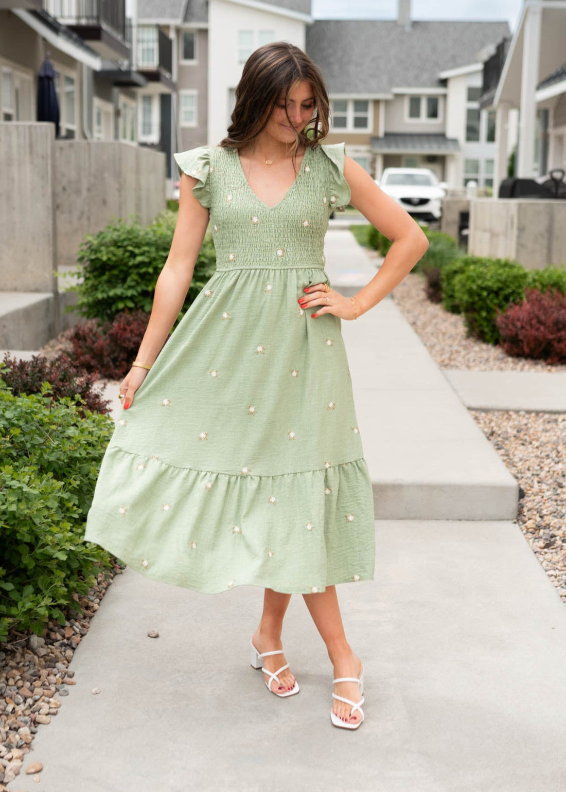 Danielle Olive Floral Embroidered Dress