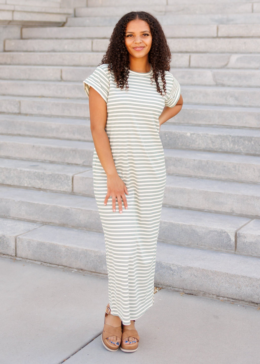 Kaelin Green Striped T-Shirt Dress