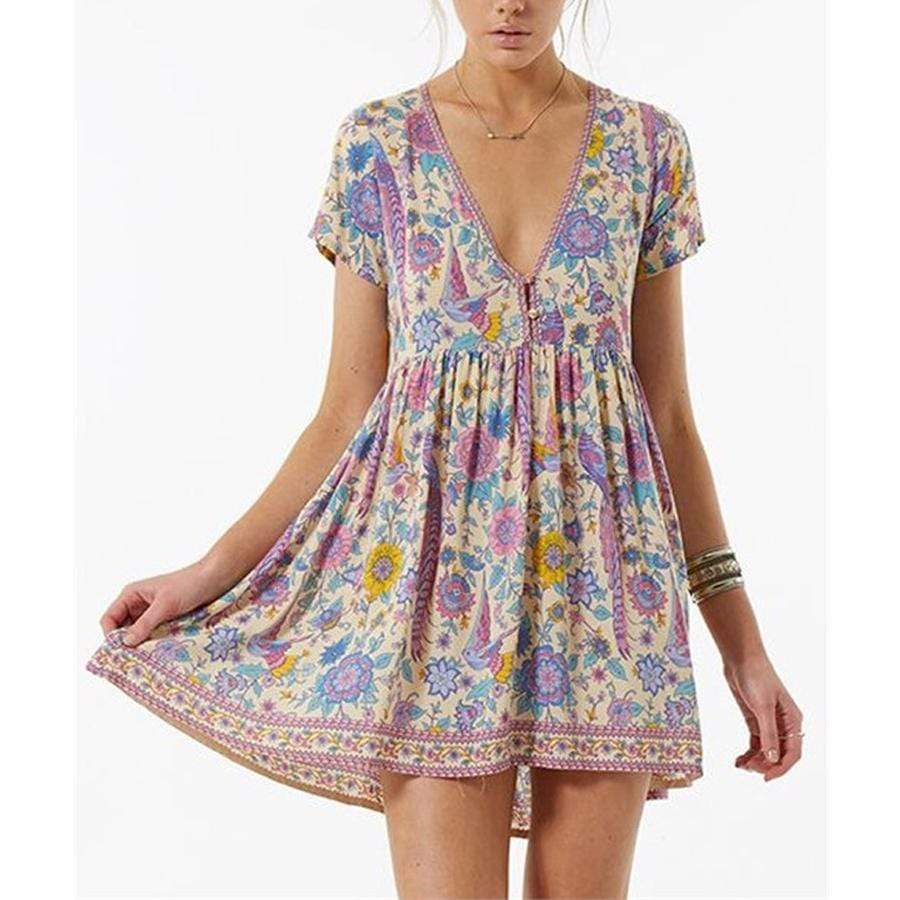 Boho Vintage Floral Print Mini Dress