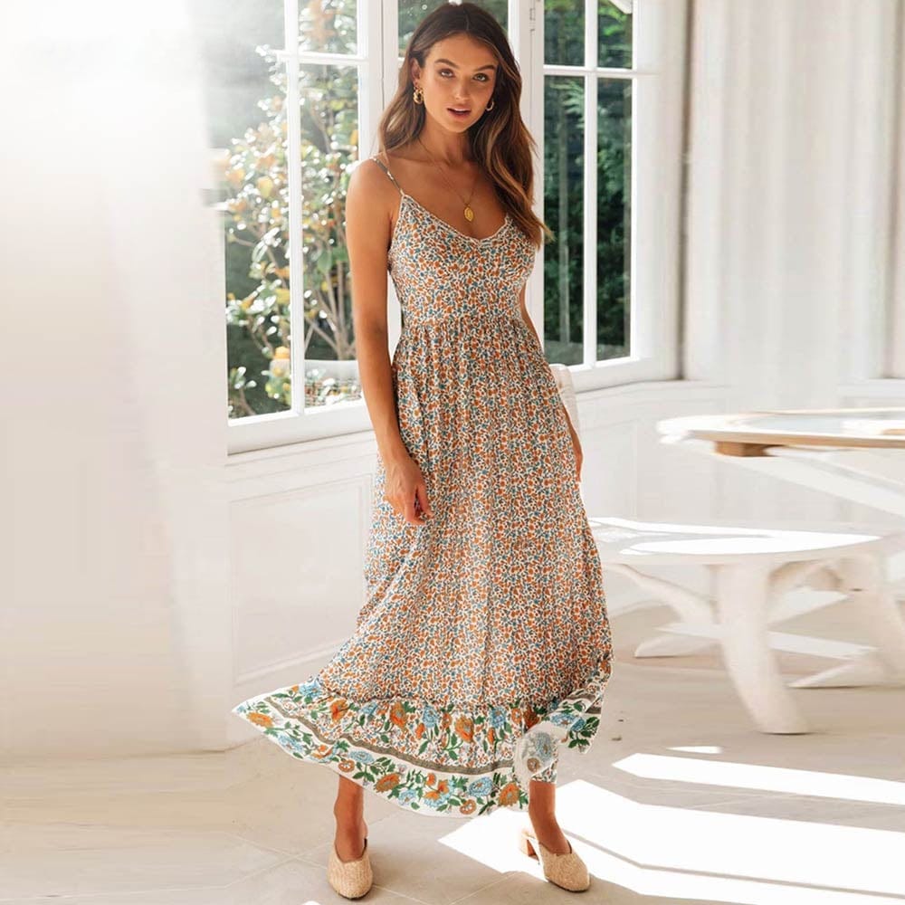 Floral Print Spaghetti Strap Boho Dress